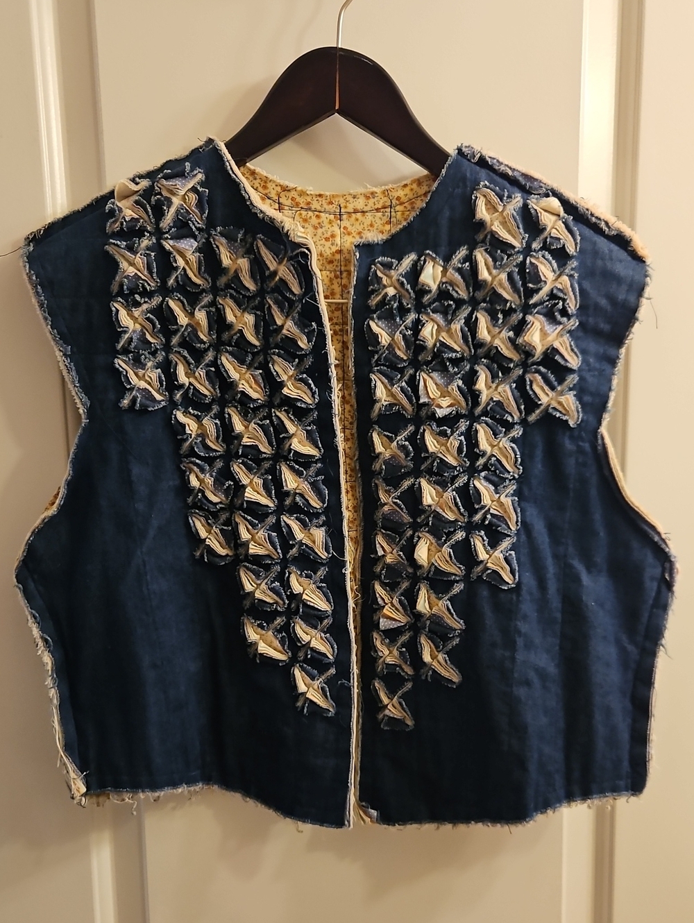 Handmade Denim Quilted Vest M/L Raw Edge Layered Patchwork Wearable Art - Picture 2 of 8